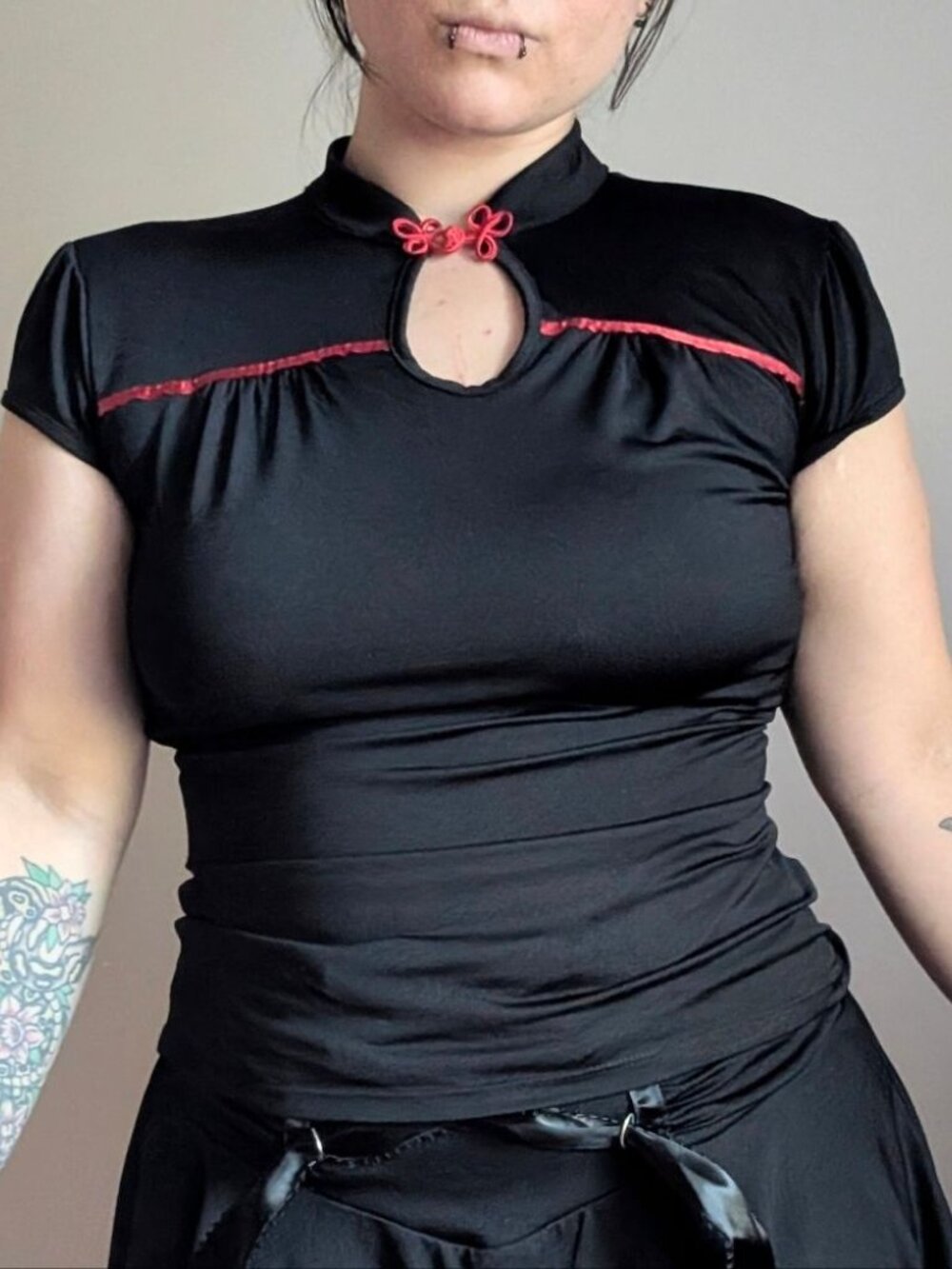 Y2K Morbid Threads Black Open Back Gothic Qipao Keyhole Vintage Top Large